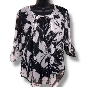Y2K Era Frazzle Medium Black White Floral Blouse Roll Tab Sleeve Lined